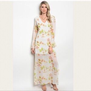 Grifflin Paris White V-Neck Bishop Sleeve Maxi Gown